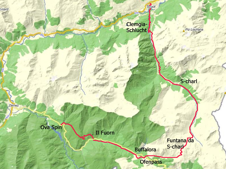 karte.jpg - Anreise PTT ab Zernez bis Ova Spin/Champl�nch: 1. Tag bis Buffalora / 2.Tag Ofenpass - S-charl / 3. Tag S-charl Scuol