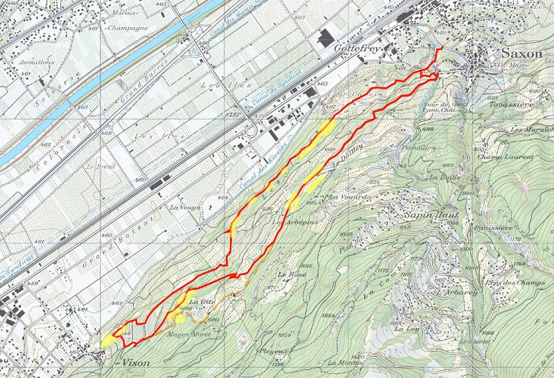 adonis_karte_b.jpg - Chemin des Adonis: Saxon - Charrat/Vison - Saxon ; ca. 8 km ; gelb markiert Stellen mit Adonisr�schen (Bl�tezeit April)